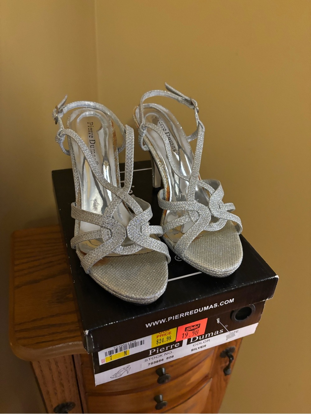 Pierre Dumas Silver Glitter Strappy Heels with Knot Detail